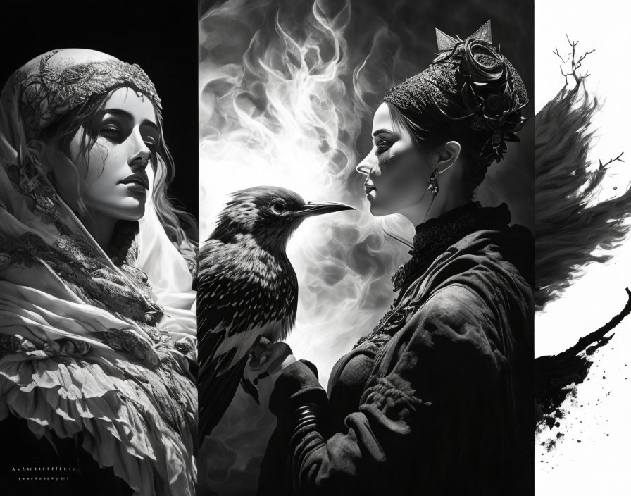 Monochromatic artwork: Two women, bird, smoke patterns