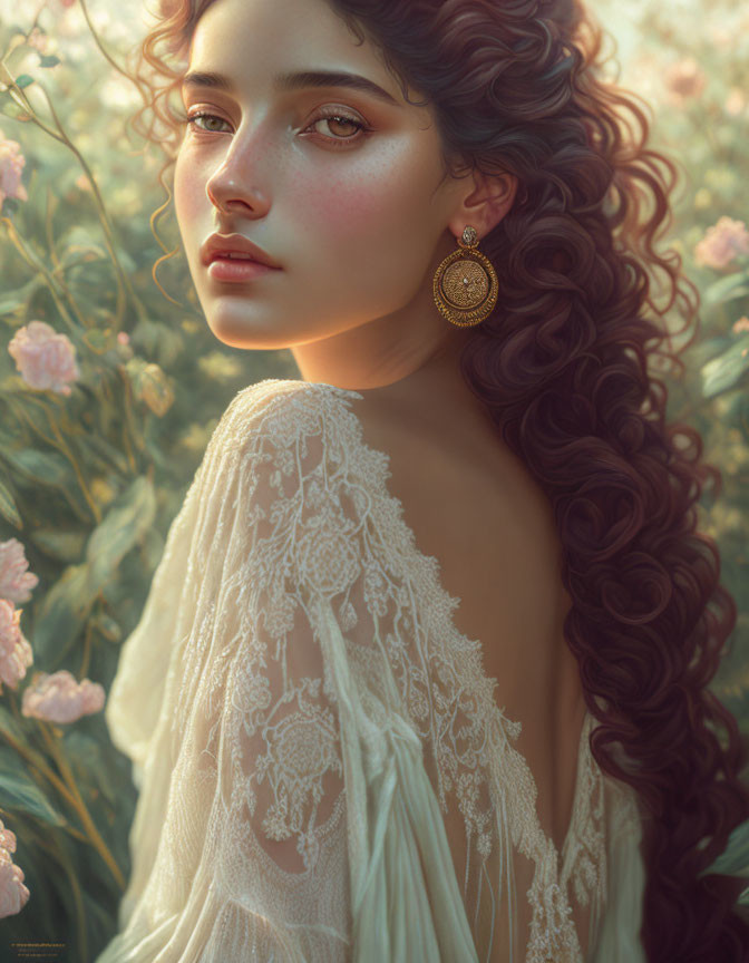 Portrait of woman with curly hair in lacy dress and golden earring on floral background