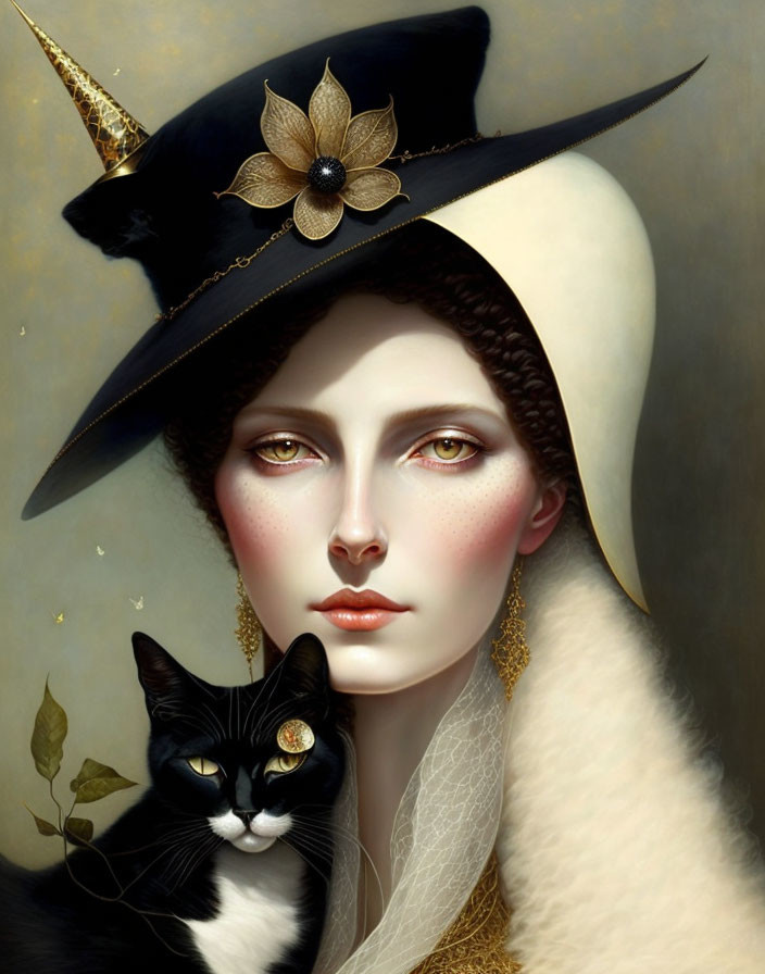 Portrait of Woman with Green Eyes and Tuxedo Cat in Lavish Attire