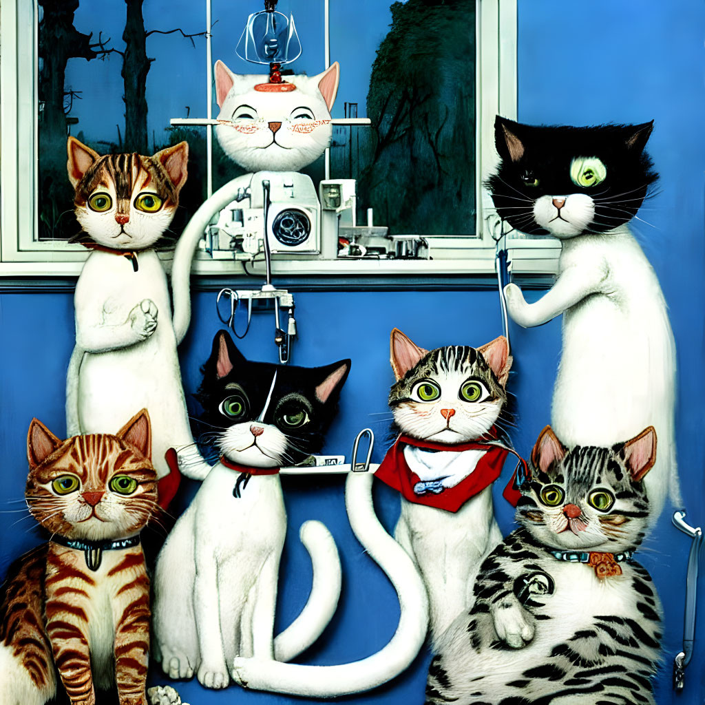 Anthropomorphic Cats in Dental Office Scene with Dental Equipment