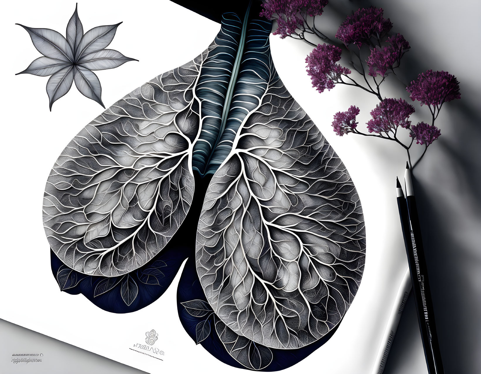 Detailed leaf-like patterns on human lungs with violet flowers and drawing tools on white background