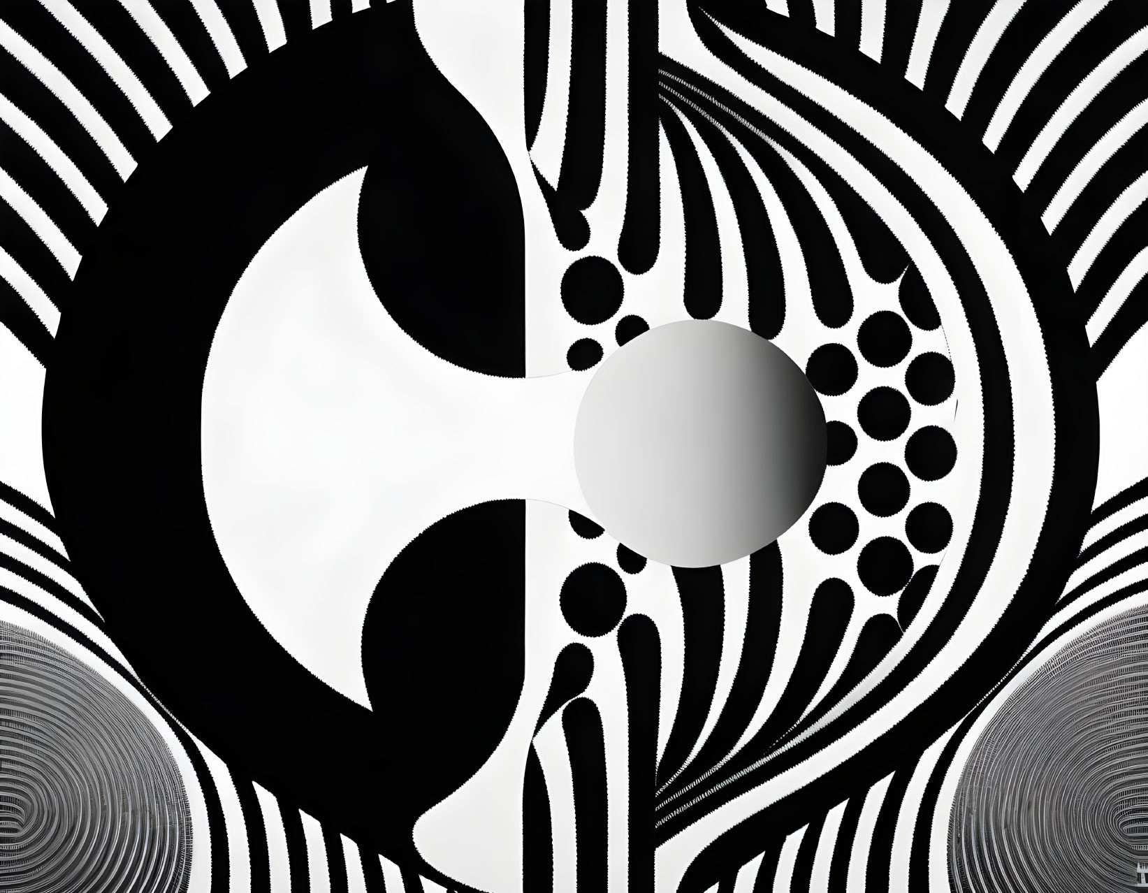 Monochrome optical illusion with swirling patterns around central sphere