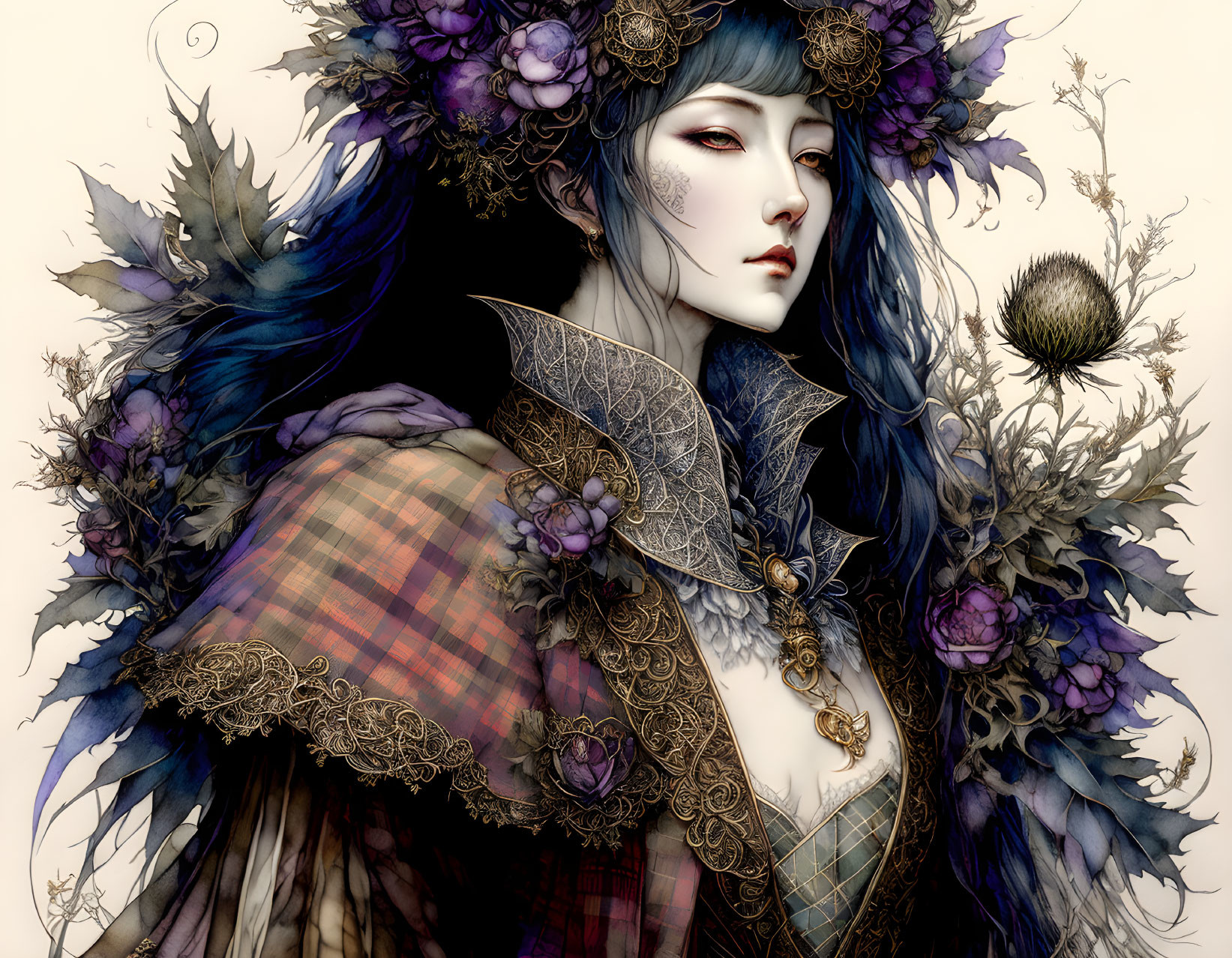 Fantasy character illustration with blue hair, dark floral & leafy adornments, plaid garment with