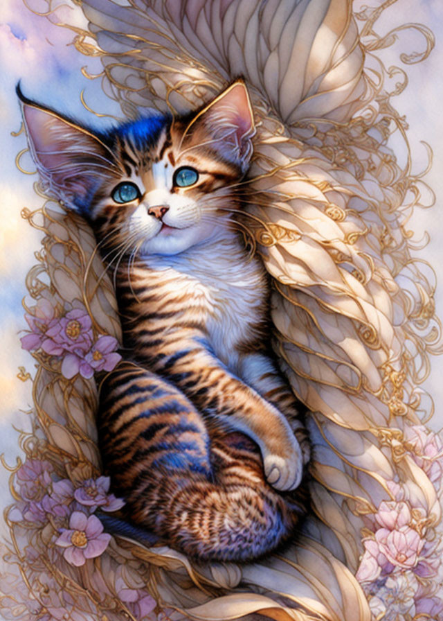 Illustration of Blue-Eyed Kitten in Floral Setting