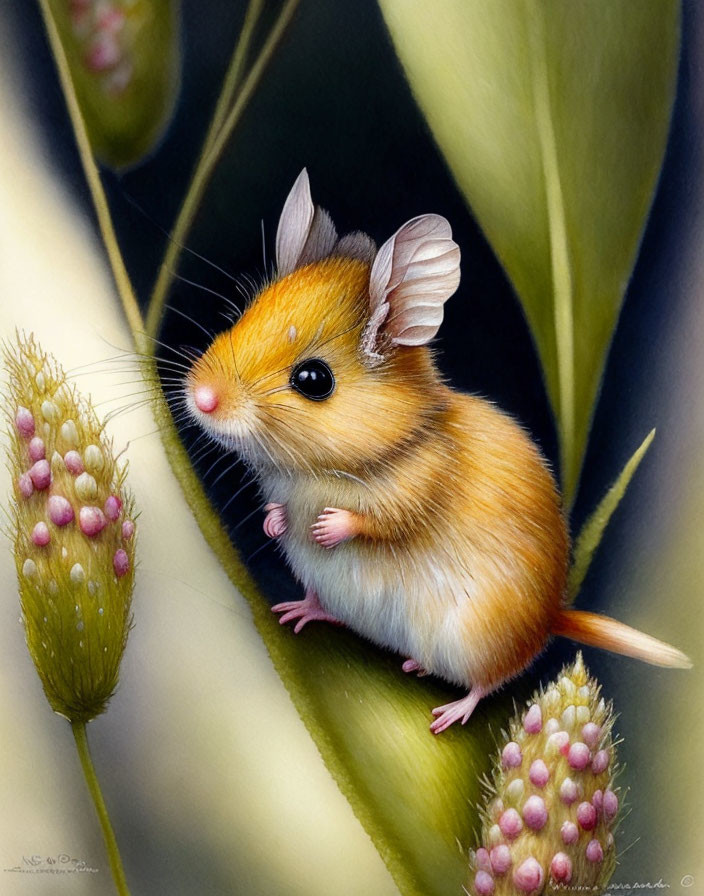 Realistic Illustration of Cute Brown and White Mouse on Green Plant