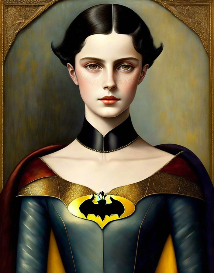 Solemn woman in Batman costume on golden ornate background