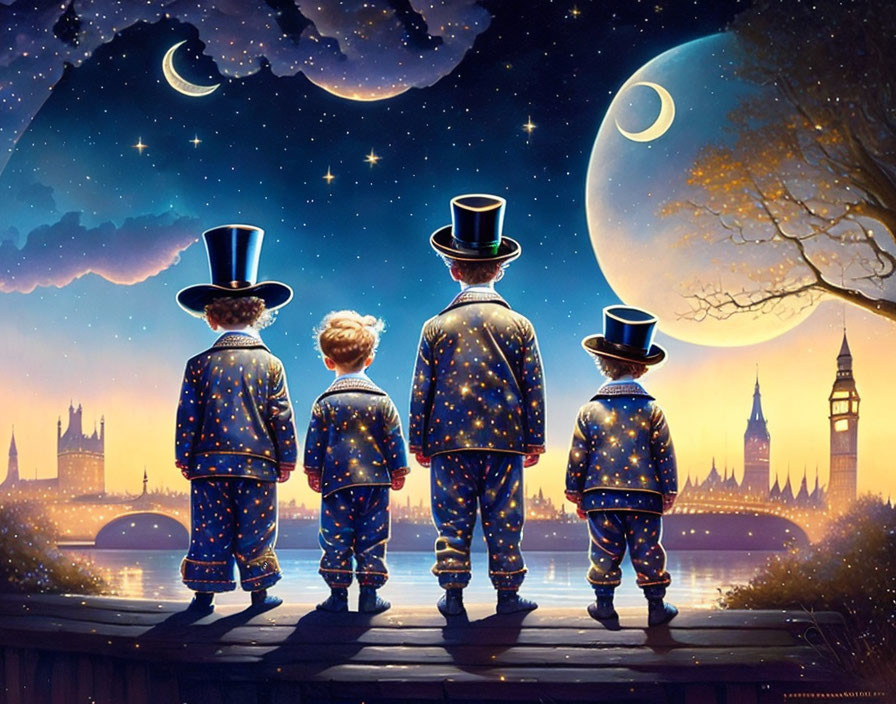 Four individuals in starry outfits under night sky with crescent moon and planet