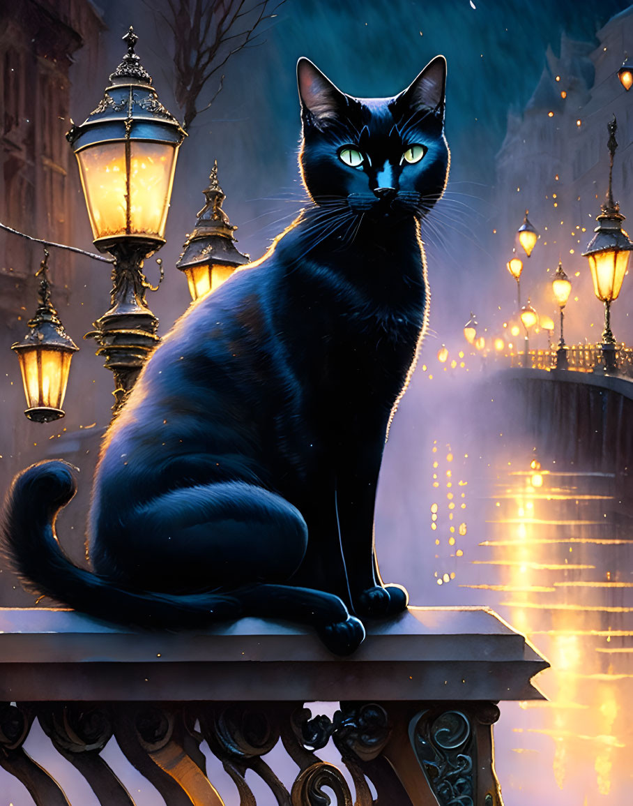 Black Cat with Blue Eyes on Railing in Vintage Street Scene