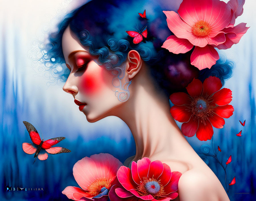 Surreal portrait of woman with blue hair, red flowers, and butterflies