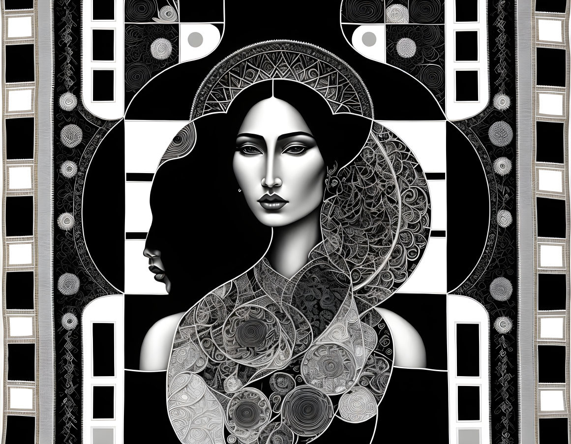 Monochrome art featuring stylized female faces with intricate patterns and geometric film strip borders