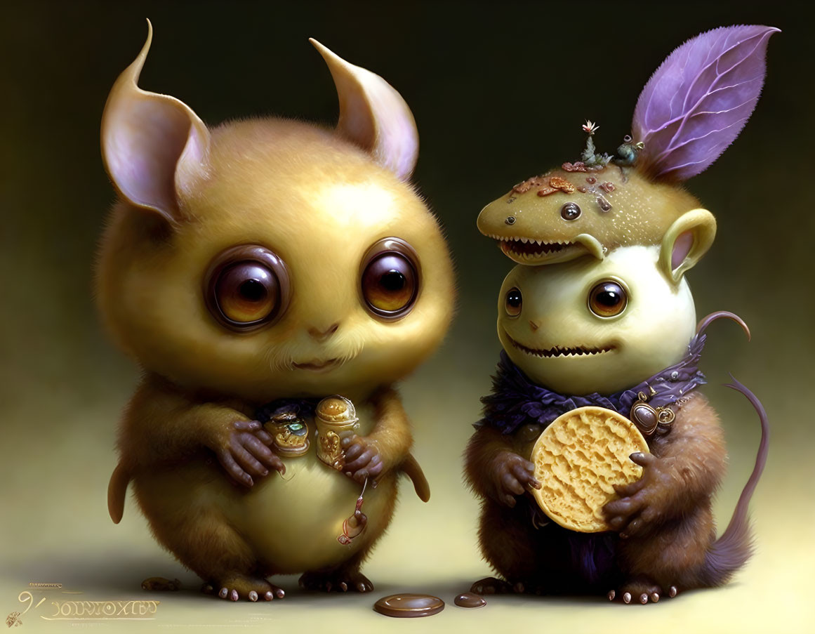 Whimsical creatures with large eyes, cookies, pearl, insects, and leaf hat