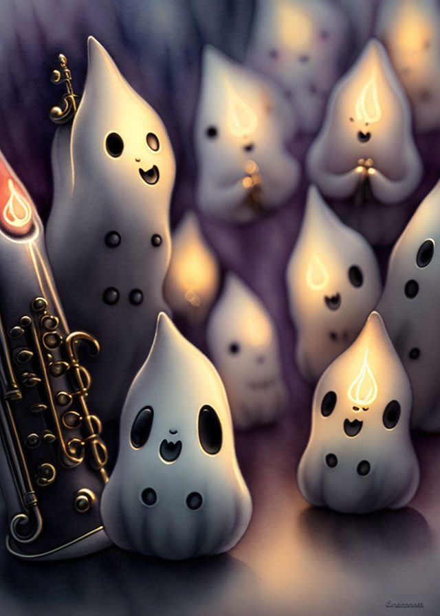 Whimsical ghost-like creatures with cute faces and musical instruments in soft glow