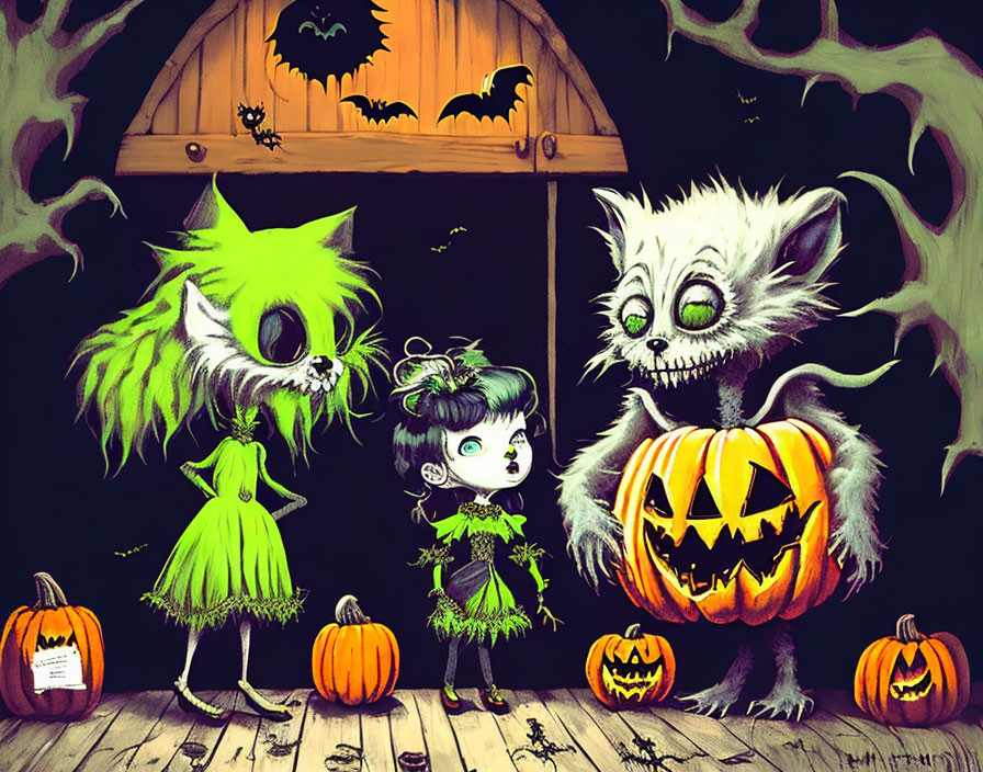 Whimsical creatures and girl in Halloween scene with pumpkins and bats.