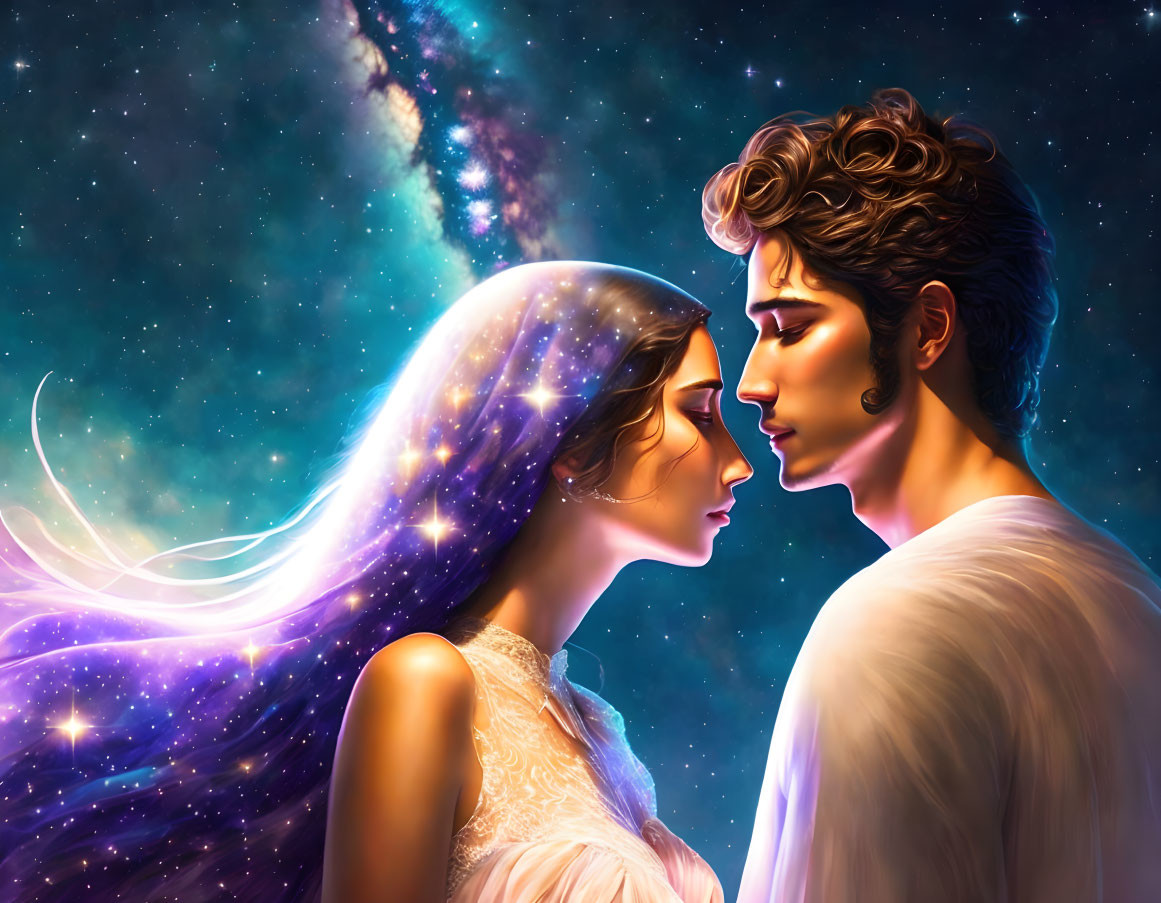 Cosmic-themed illustration of a couple embracing in starry setting