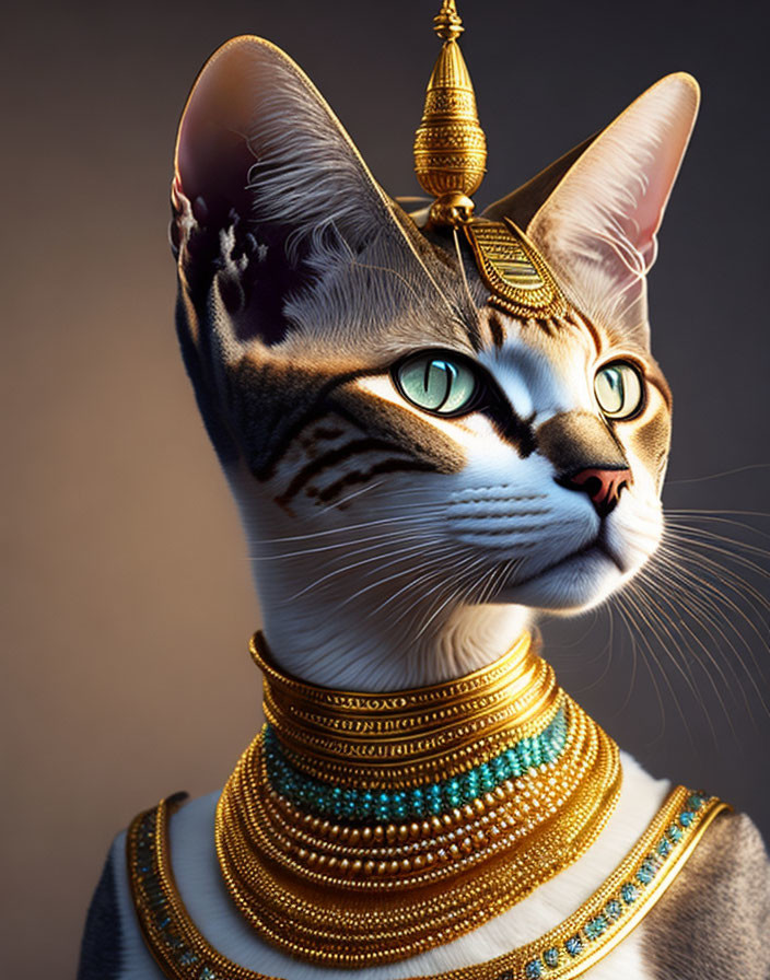 Regal cat portrait with green eyes and Egyptian headdress