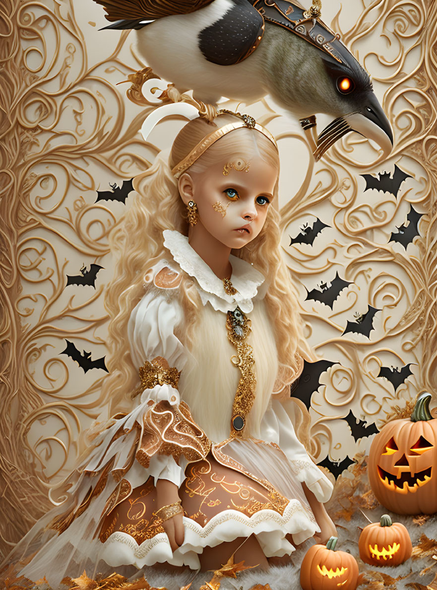 Girl in white and gold costume with bird, pumpkins, bats, and ornate patterns