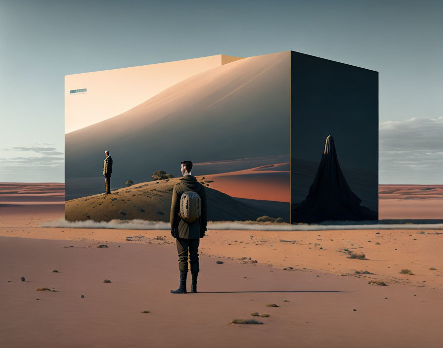 Surreal desert scene: two men, one on ground, one atop cube with contrasting landscape.