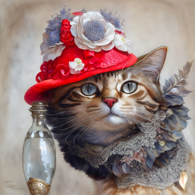 Tabby cat with red floral hat and lace collar holding a bottle