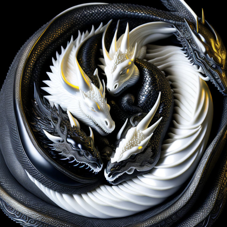 Interwoven black and white dragons with golden details on dark backdrop