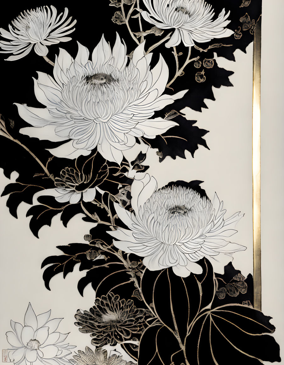 Monochromatic floral illustration with white flowers, black background, and gold accent line