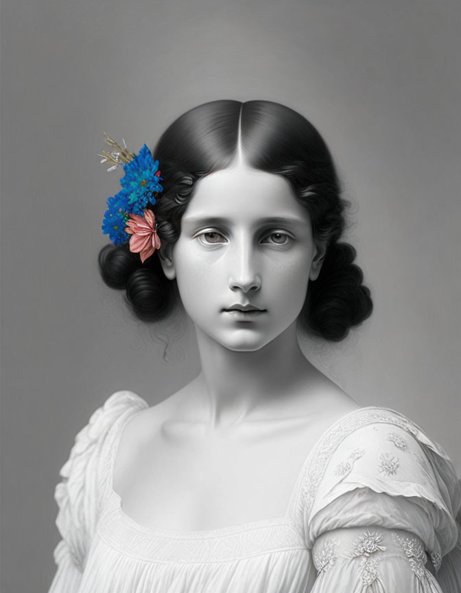 Monochrome portrait of young woman with flowers in hair and vintage dress