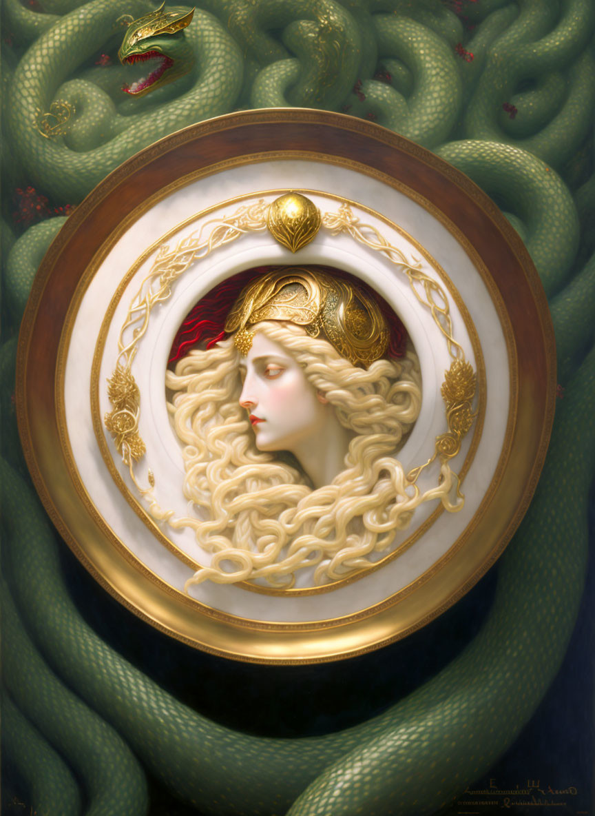 Ornate portrait of pale woman with blonde hair, golden headdress, green serpents,