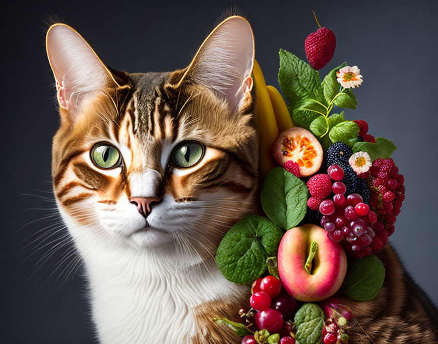 Colorful Fruits and Berries Balanced on Domestic Cat's Head