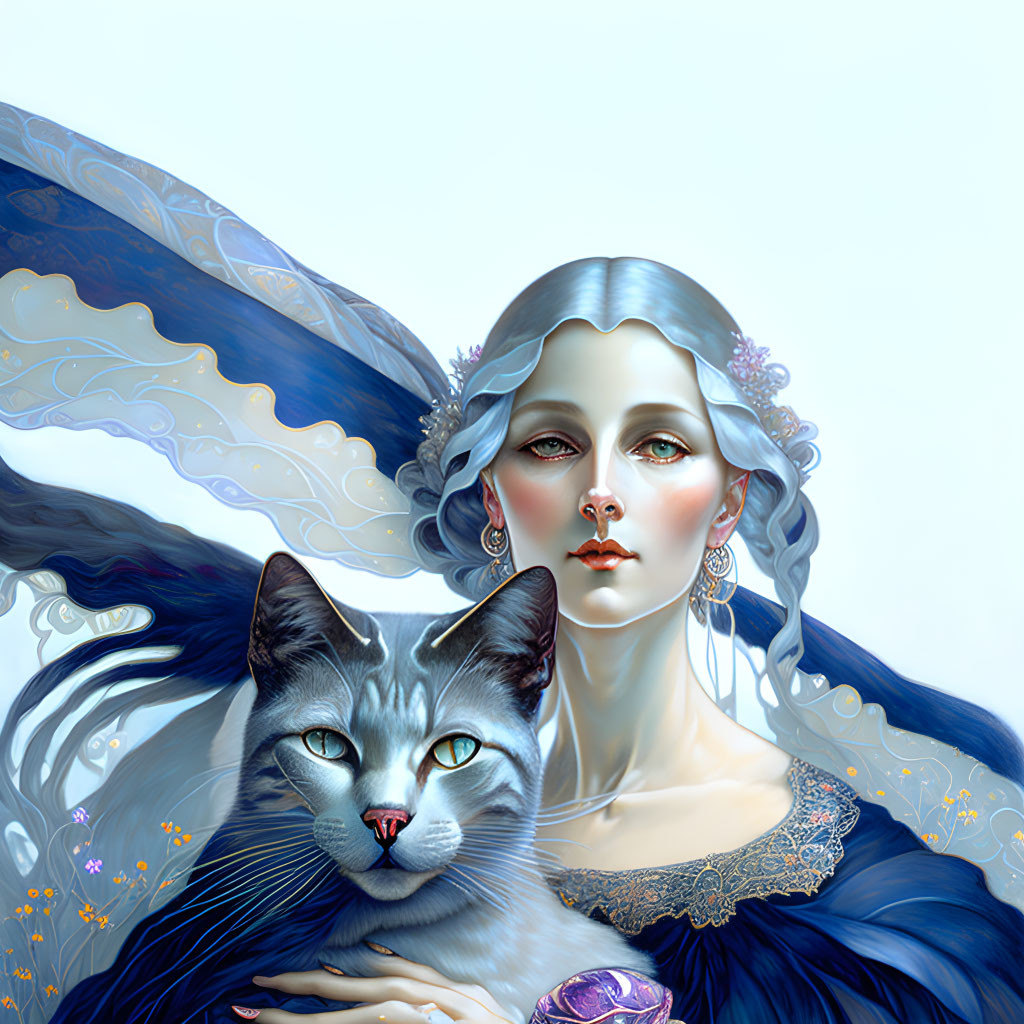 Illustrated portrait of woman with blue hair and dress with grey cat.