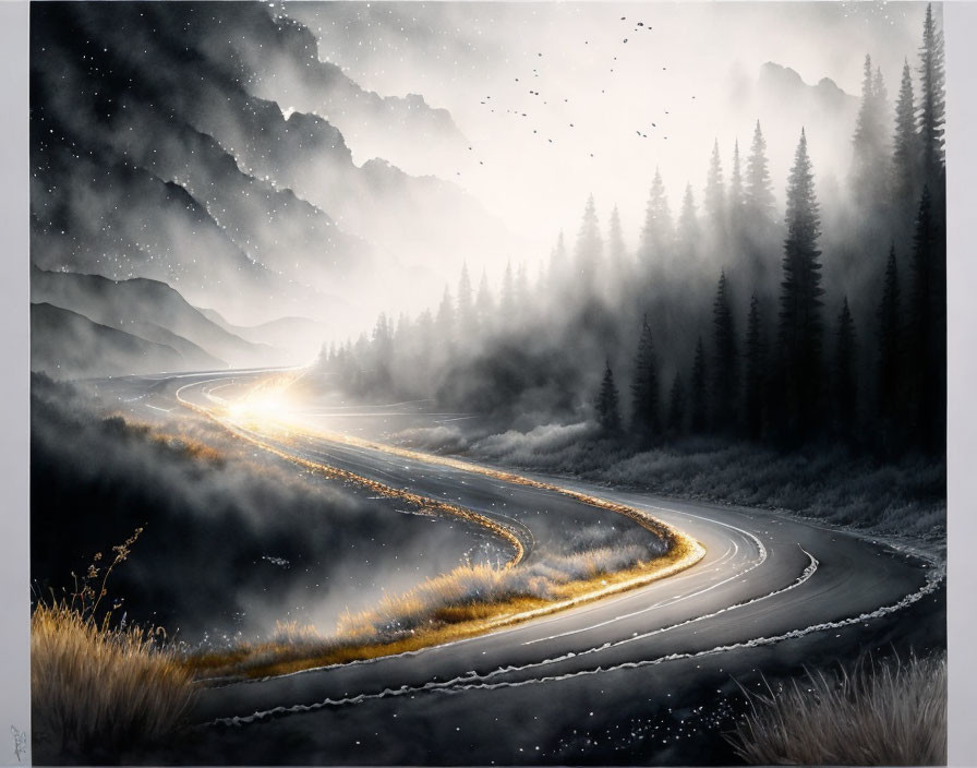 Winding road through foggy, tree-lined landscape under starry sky.