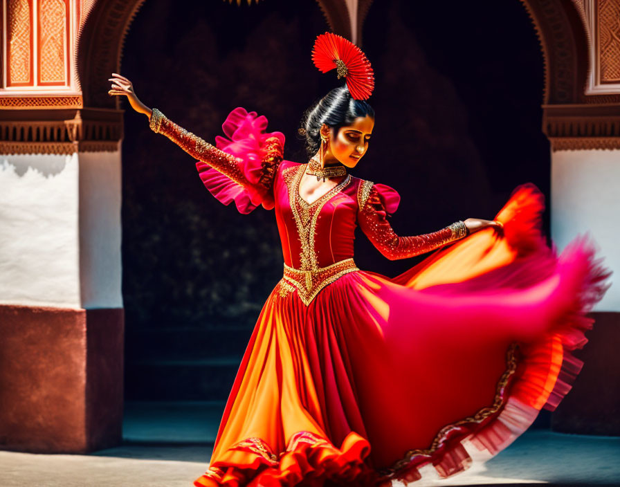 Vibrant flamenco dancer in red dress with gold embroidery performs passionately