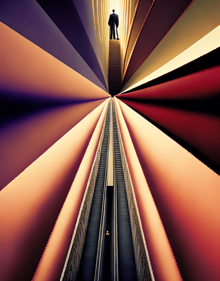 Colorful surreal staircase with converging planes symbolizing infinite depth.