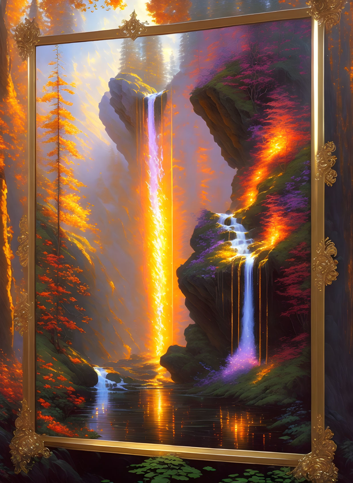 Fantastical painting: Glowing waterfall, autumn trees, ornate gold borders