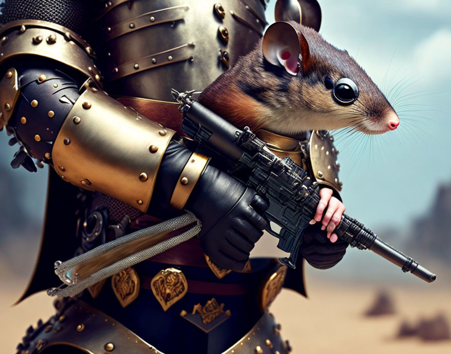 Digital artwork: Mouse in medieval armor with assault rifle in blurred landscape