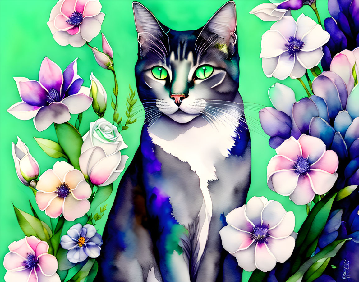 Colorful Cat Illustration with Green Eyes and Flowers on Green Background