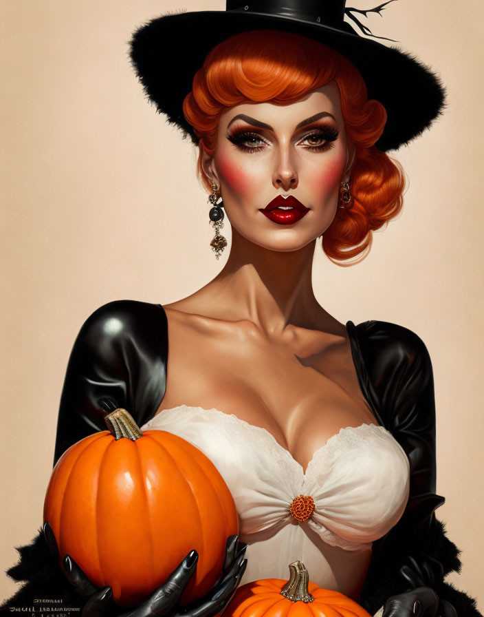 Stylized woman with red hair holding a pumpkin, vintage pin-up style