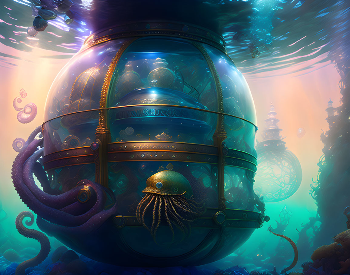 Large ornate submarine in fantastical underwater scene