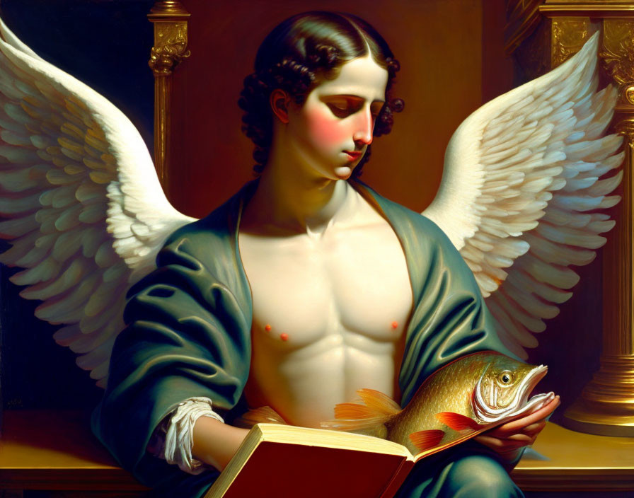 Serene angel with wings holding fish and book