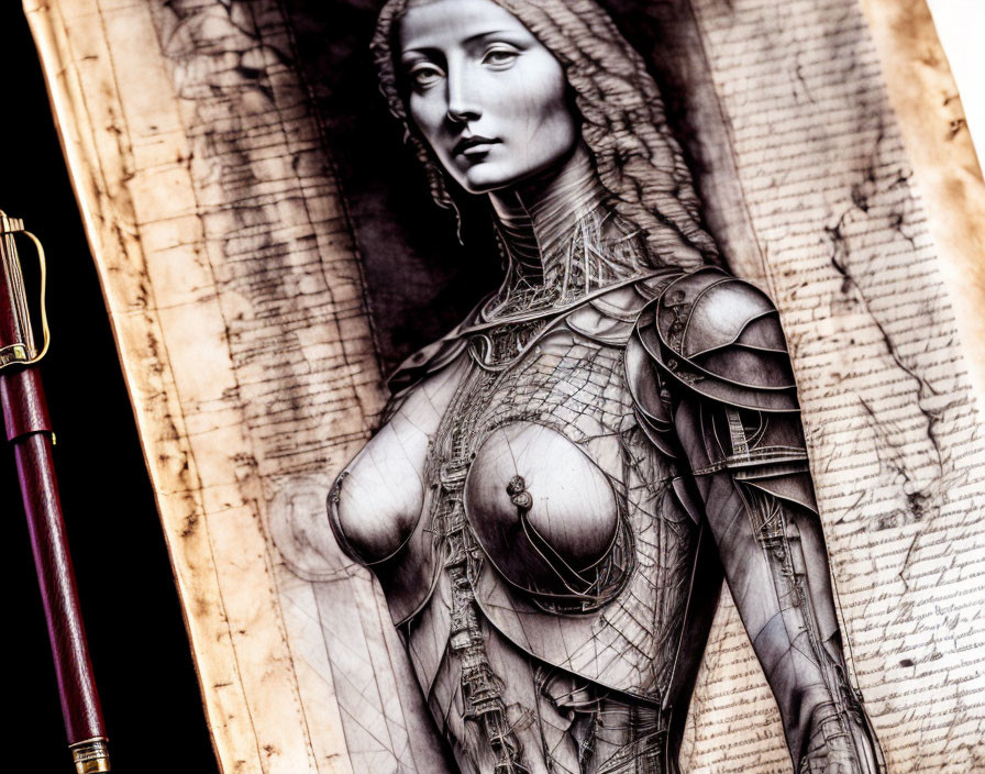 Female warrior sketch on aged paper with intricate armor and quill pen