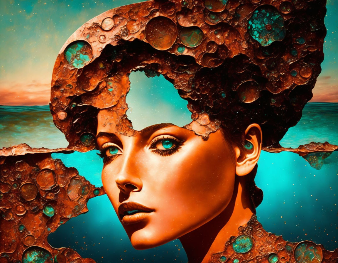 Surreal portrait of a woman with asteroid-like halo and vibrant blue eyes against teal-orange seascape