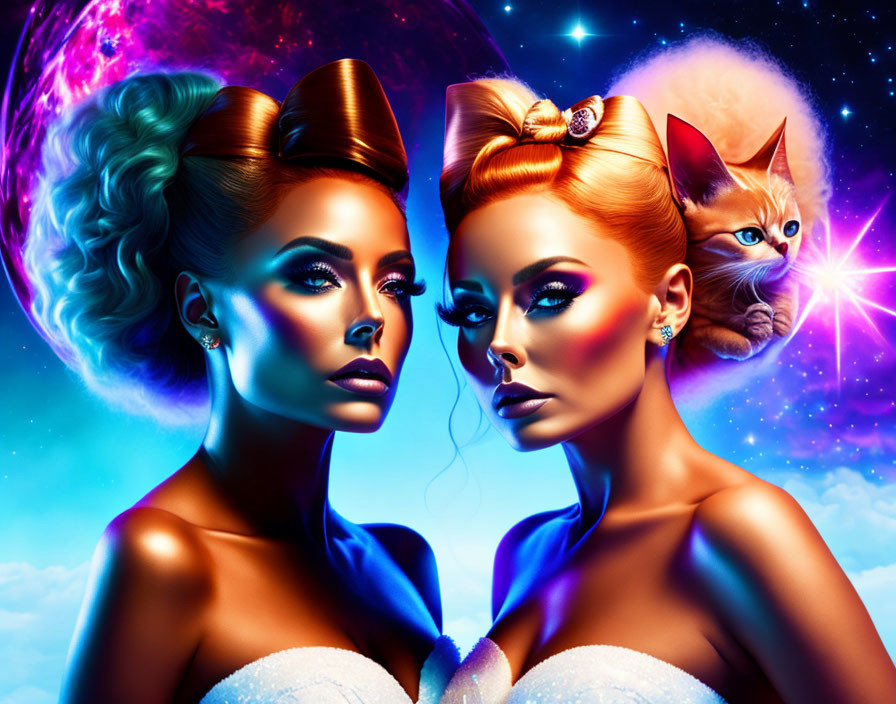 Stylized hair and makeup on two women in cosmic setting with blue-eyed cat