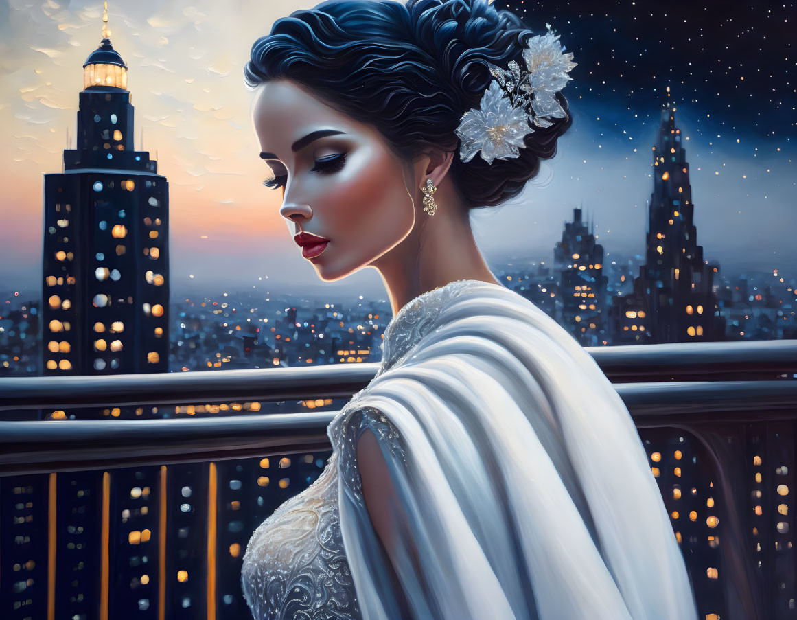 Woman in white gown admires glowing cityscape at twilight