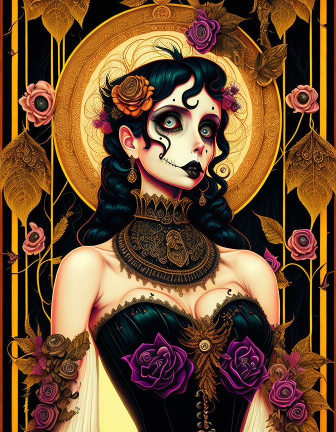 Stylized illustration of a woman in Day of the Dead sugar skull makeup and gothic attire with