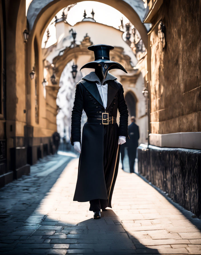 Plague doctor costume with beaked mask in shadowy alleyway