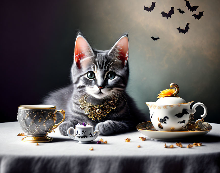 Kitten with ruff beside patterned teacups and bats - whimsical gothic scene