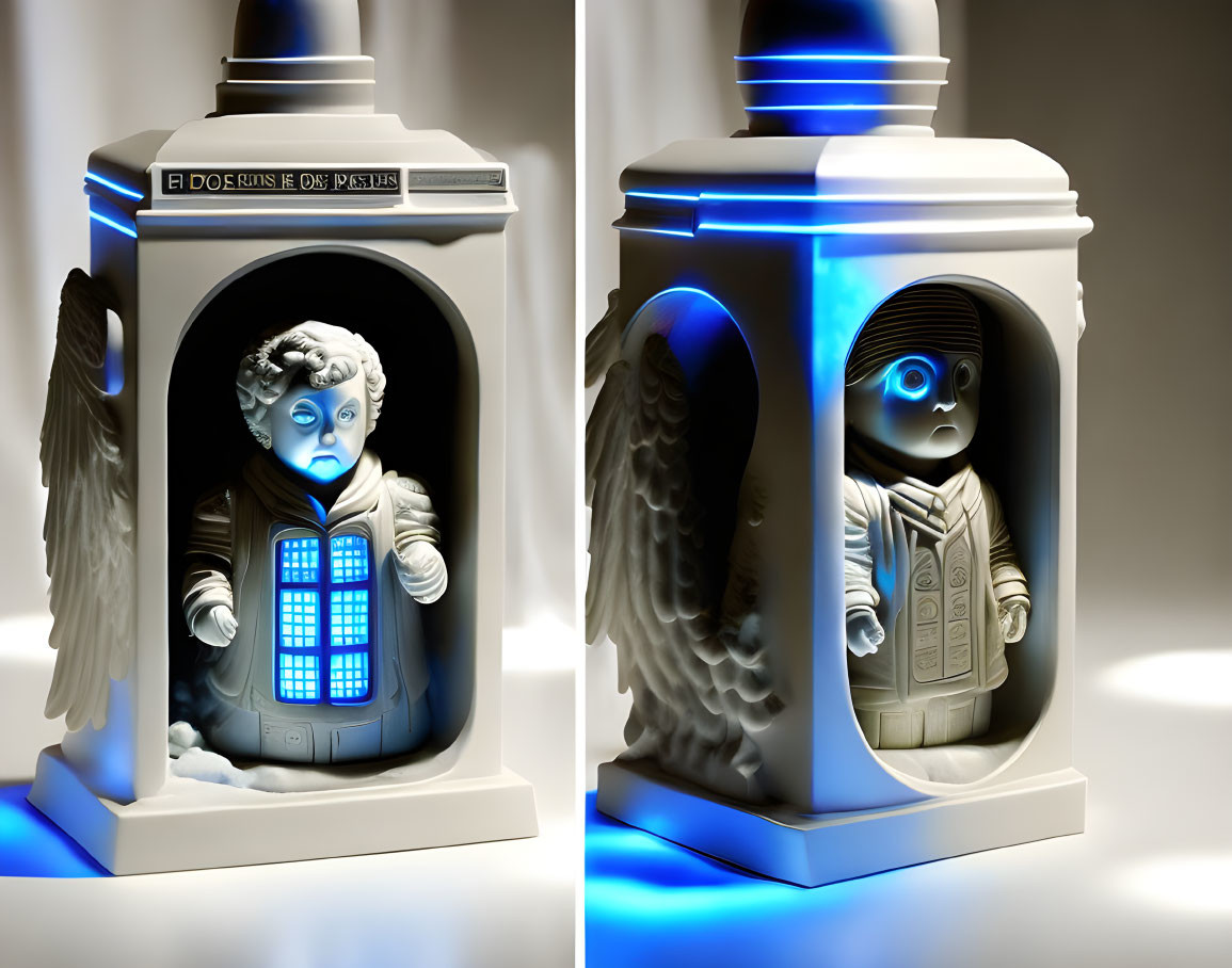 Angel-themed sculpture merged with a phone booth, illuminated in blue