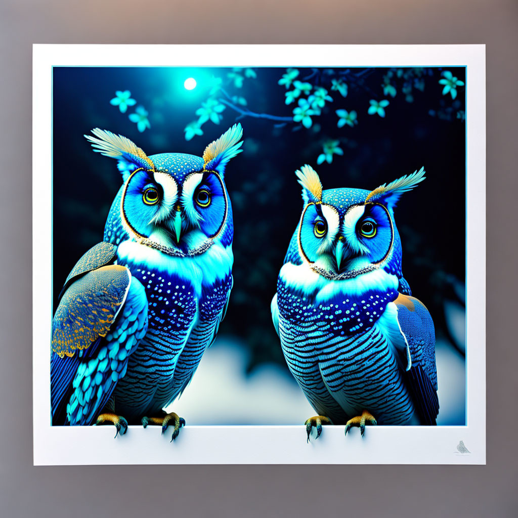 Vibrantly colored digital owls under moonlit sky with cherry blossoms