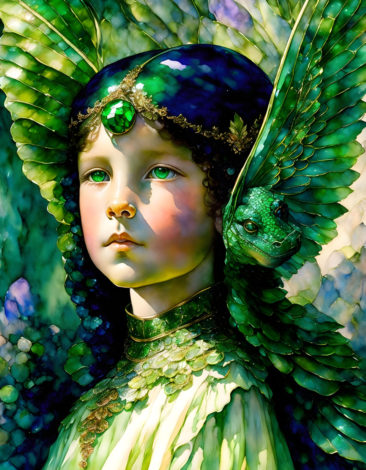 Child with green feathered wings and lizard companion in emerald and gold regalia