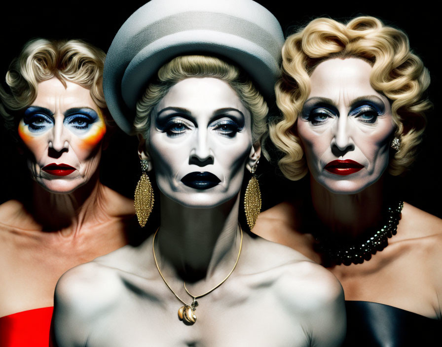 Three women with dramatic makeup and expressive poses in distinctive attire and accessories against a dark background.