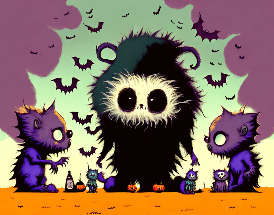 Vibrant illustration of three fluffy monsters with bats and pumpkins