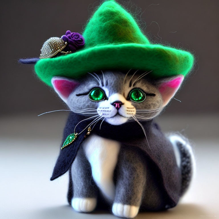 Grey kitten with green eyes in green hat and purple flower - SEO Title